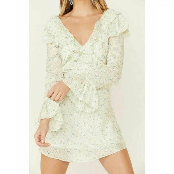 Free People Dresses & Skirts - Free People Cream Floral Ruffle Long Sleeve Mini Dress